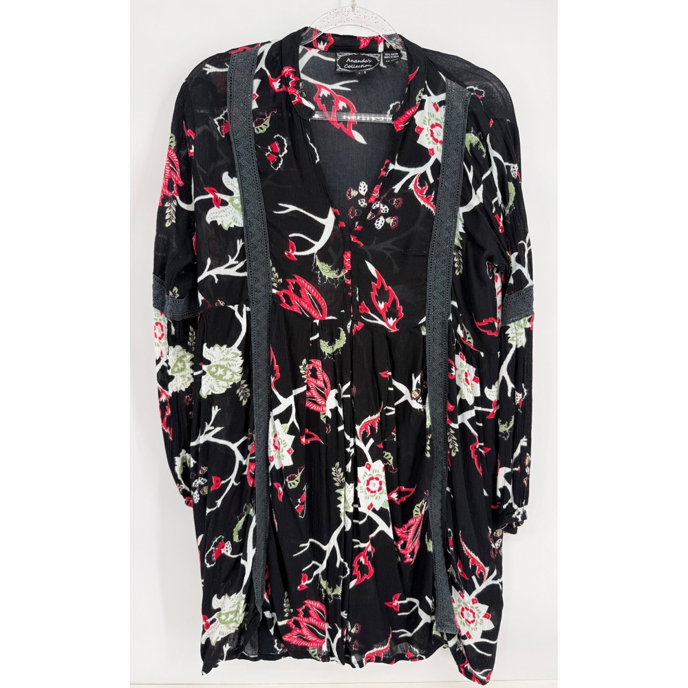 Anandas Collection Black Floral Rayon Babydoll Tunic Dress Crochet Trim Sz L